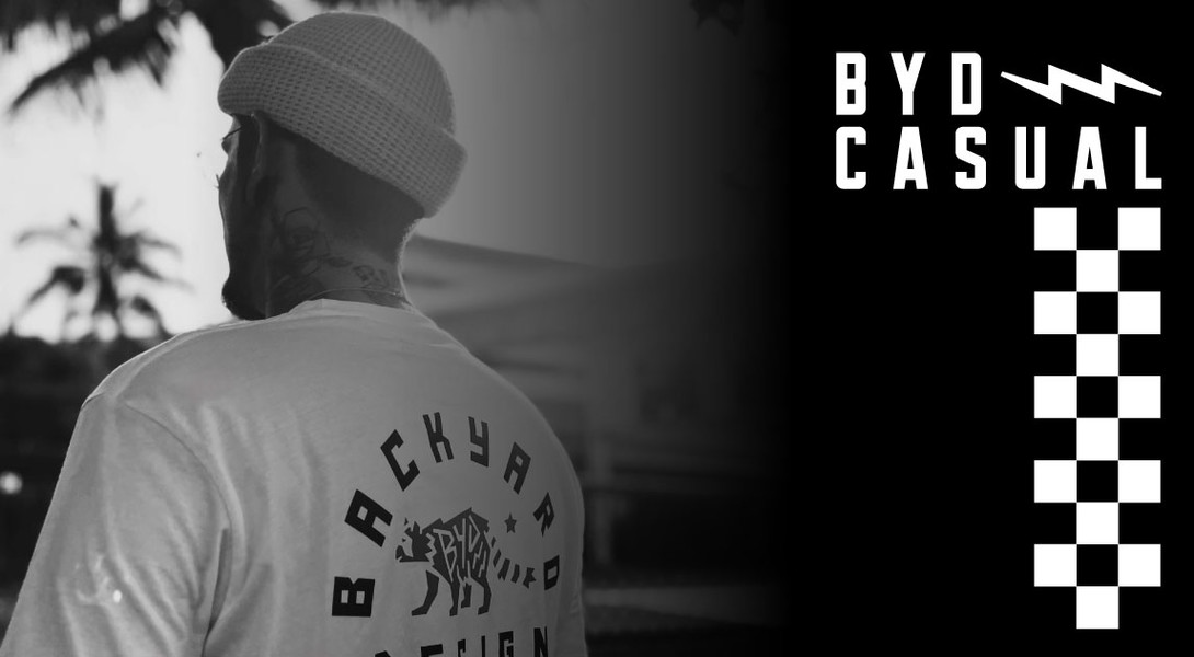 Black and white photo showing one of the new BYD Casual T-Shirts with the BYD Casual logo on top